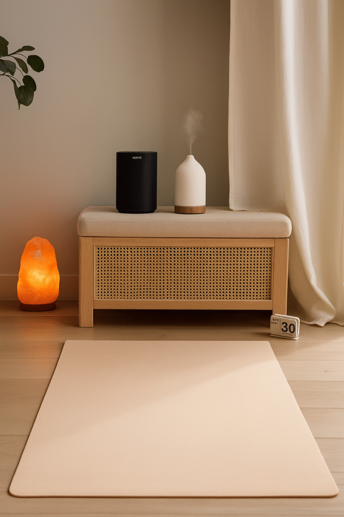 Cozy home gym ideas featuring a Himalyan salt lamp, a Sonos Era smart speaker, and a diffuser.